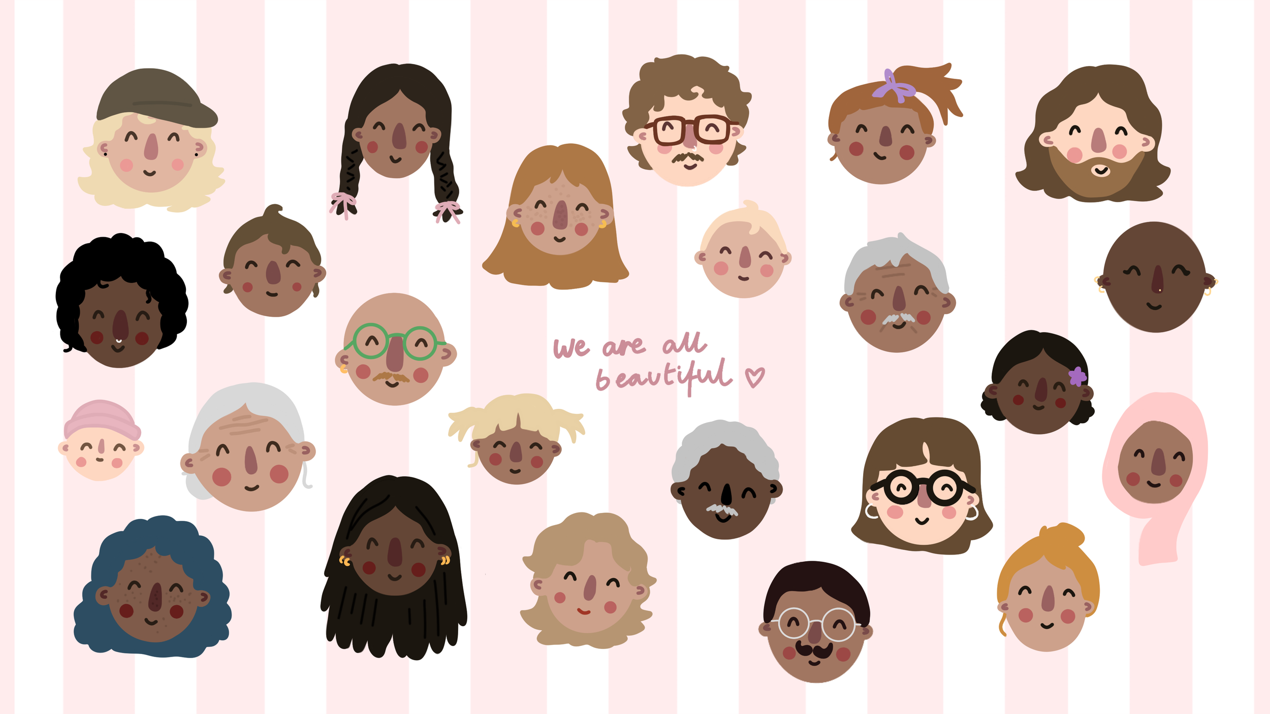 Illustration of diverse smiling faces of different ages and ethnicities with the phrase 'We are all beautiful' written in pink in the center.