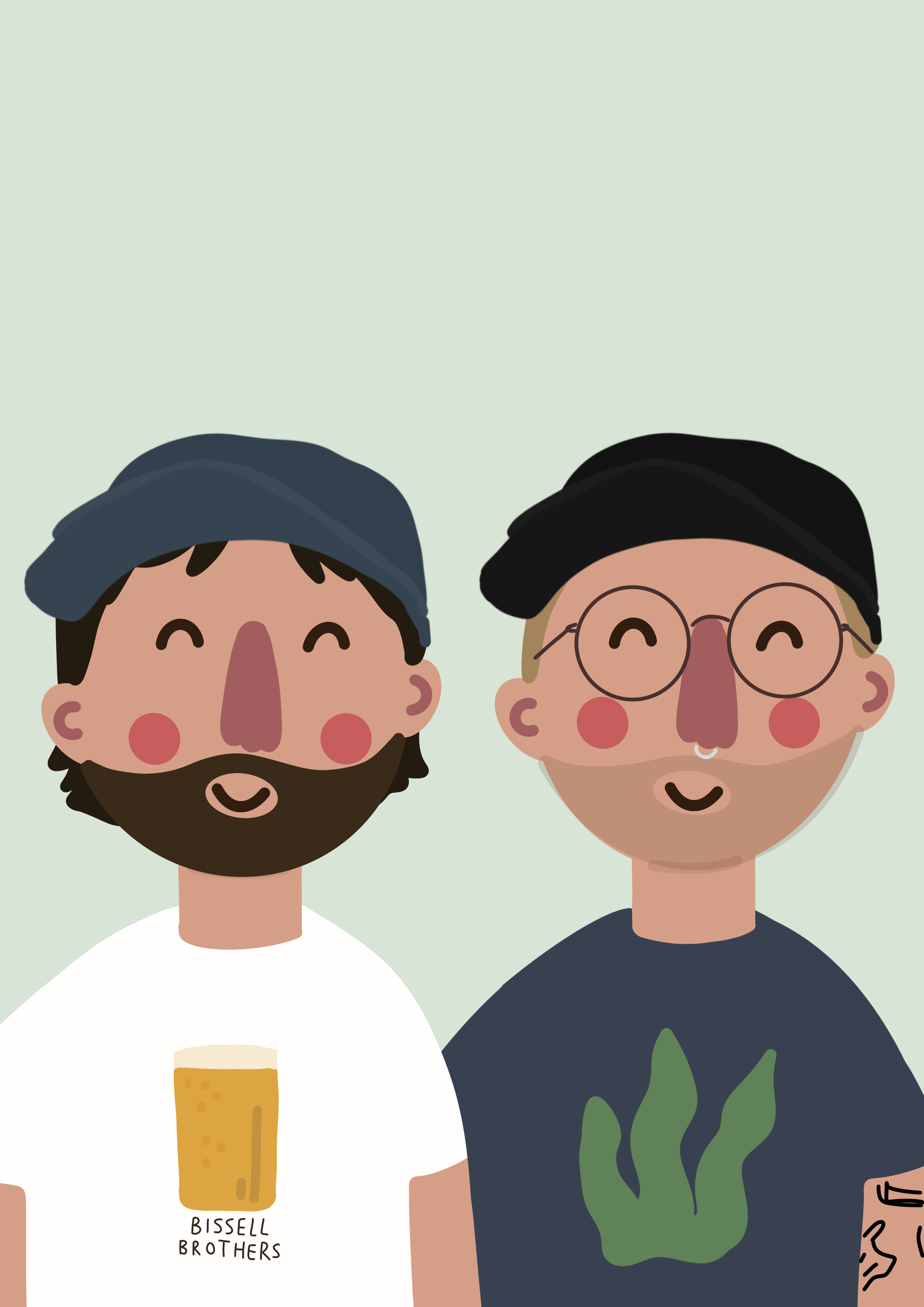 Two smiling cartoon men with beards and glasses, wearing casual clothes and hats, standing side by side against a light green background.