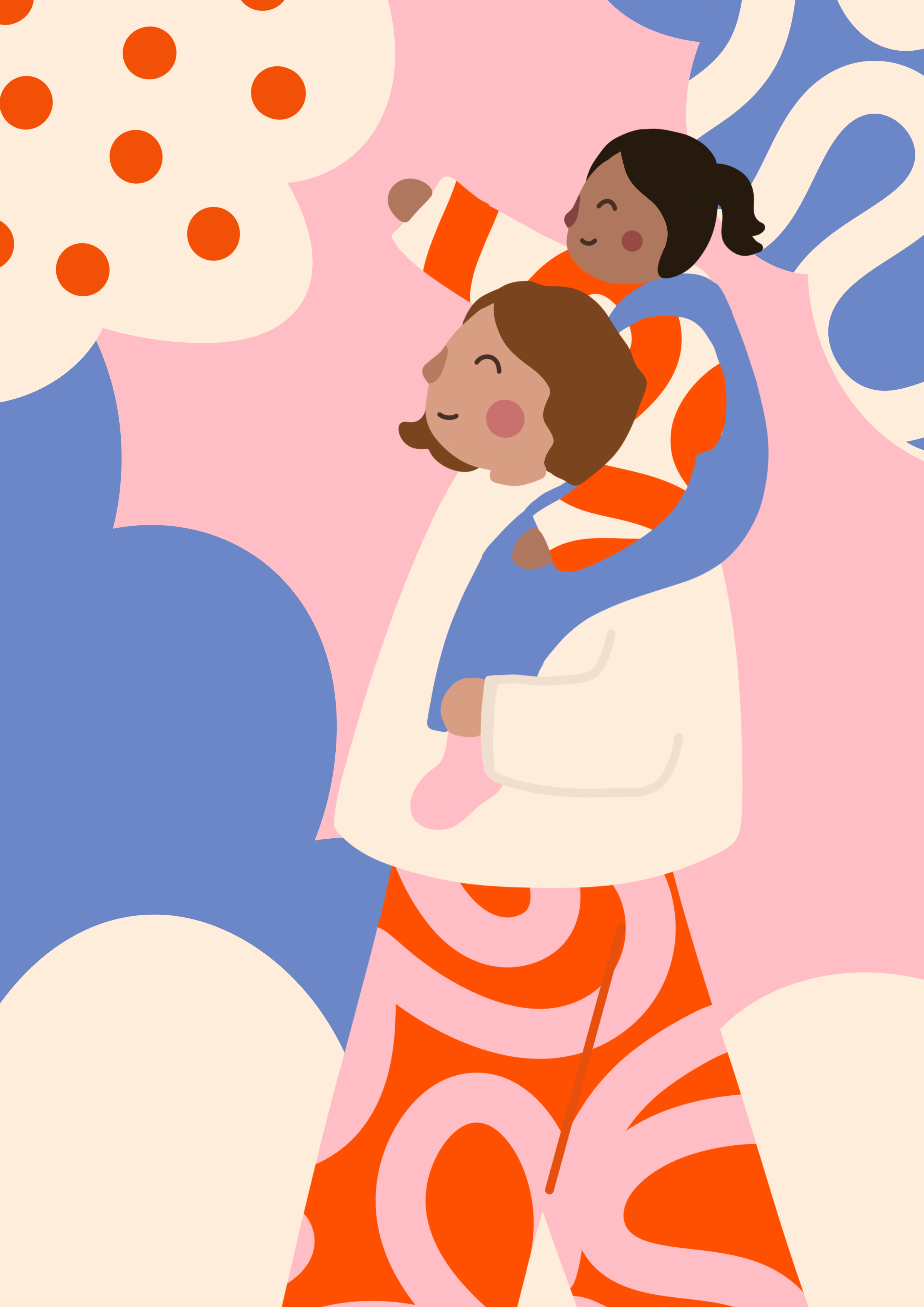 Two children are playing with large, colorful, abstract shapes and patterns. The background is pink with blue and cream circles and irregular shapes. The children are smiling and appear happy, one with dark skin and short black hair, wearing a stripe