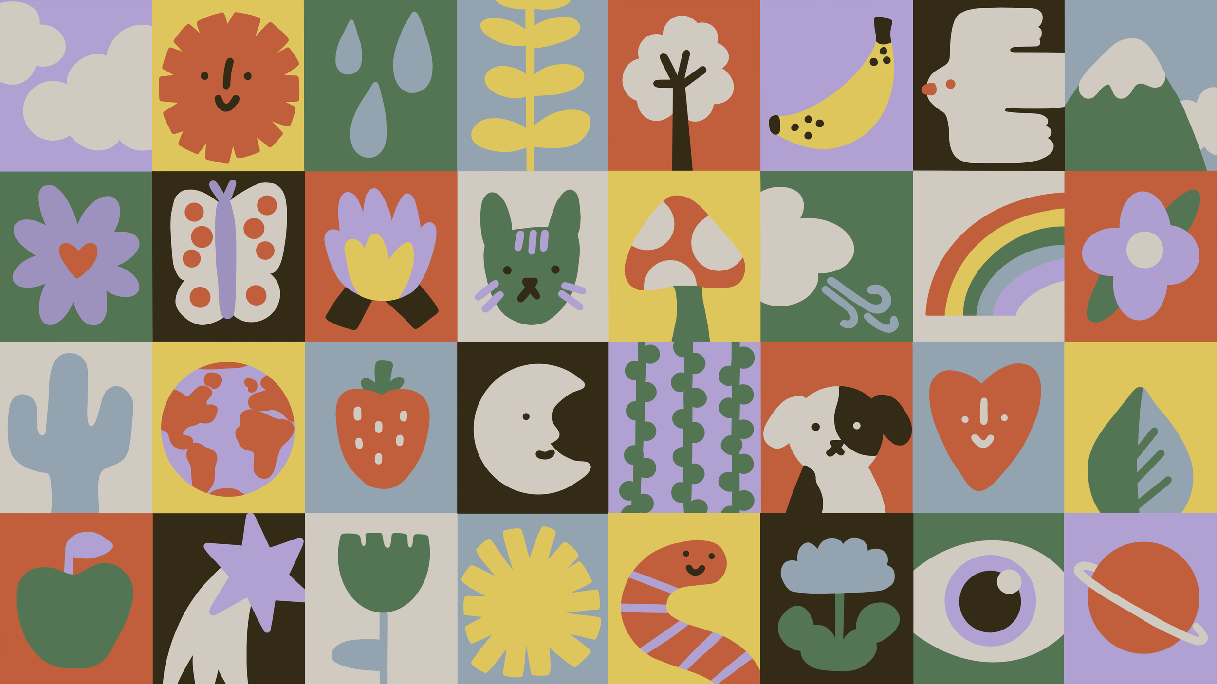 An abstract colorful illustration featuring various nature-themed icons such as clouds, flowers, butterflies, mushrooms, animals, the earth, and rainbows arranged in a grid pattern.