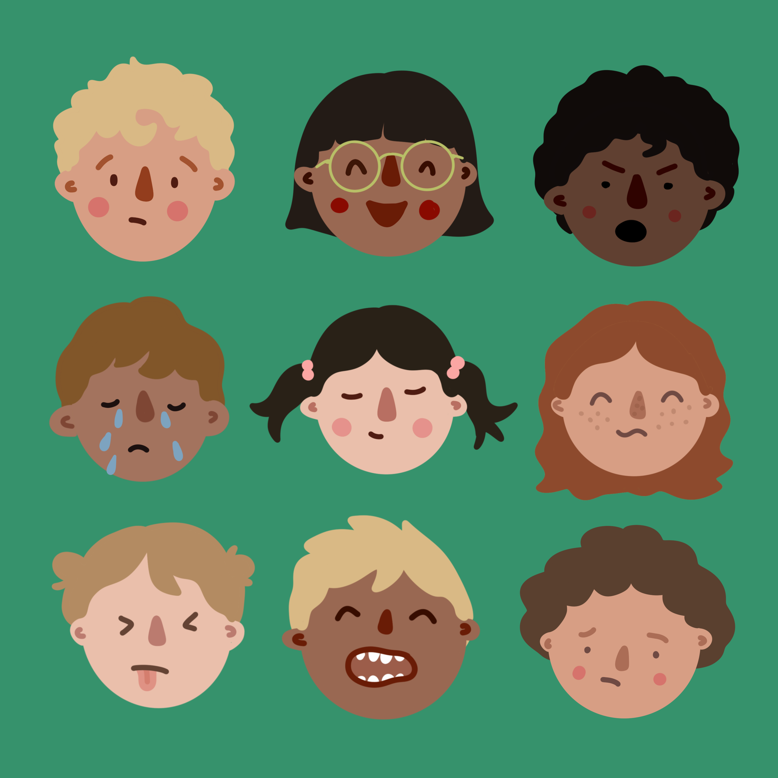Illustration of various children's faces showing different emotions, including happy, sad, surprised, and crying, on a green background.