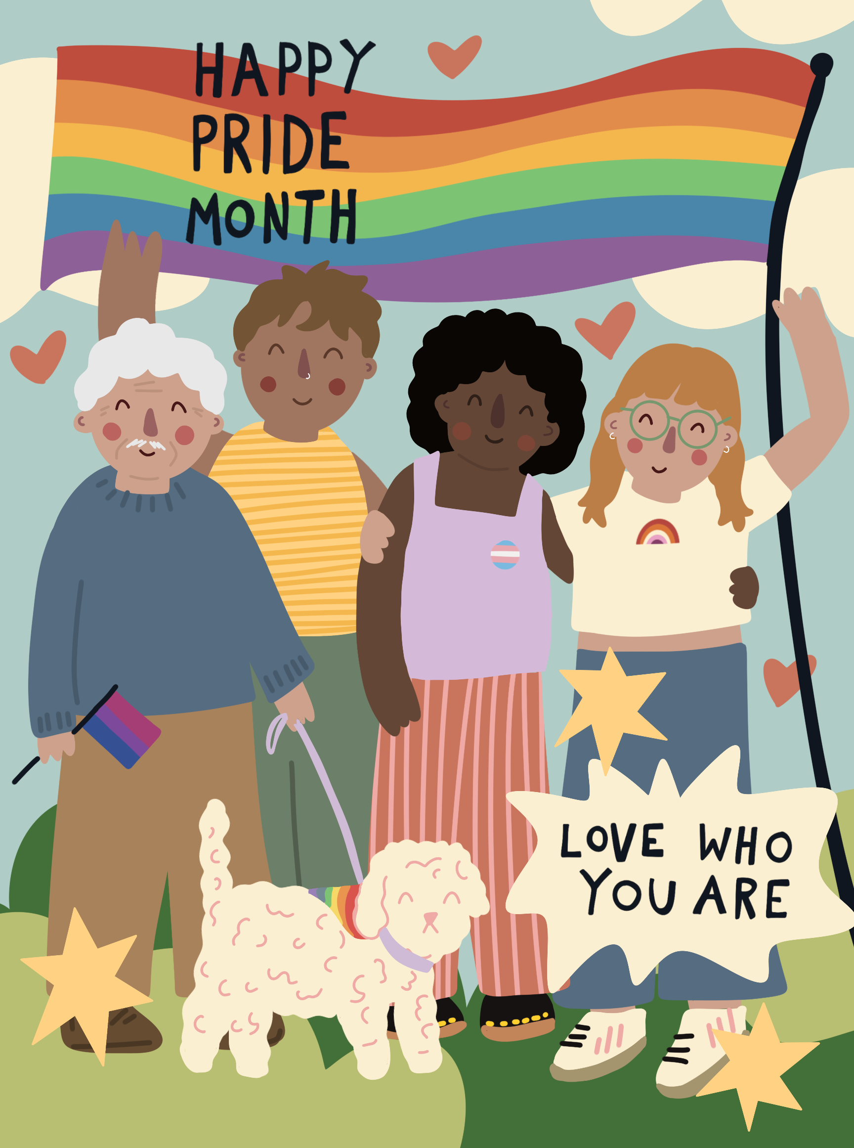 Illustration celebrating Pride Month with diverse people holding a rainbow flag that reads 'Happy Pride Month.' The group includes an older man, a person with dark skin and curly hair, a person with long red hair and glasses, and a person with rainbo