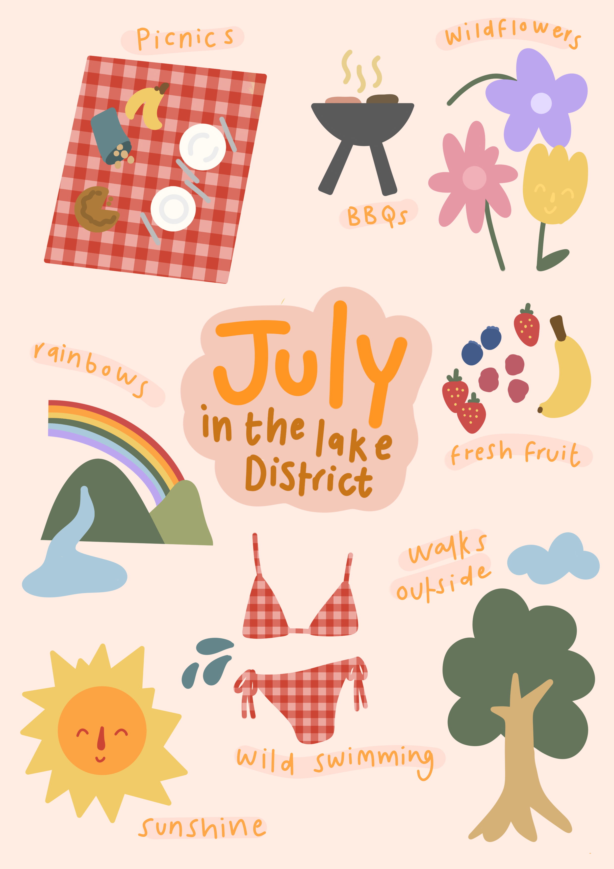 A colorful illustration celebrating July in the Lake District, featuring a picnic blanket with food, a barbecue grill, and flowers. There are drawings of mountains, a rainbow, a bright sun, a tree, a bikini, strawberries, blueberries, a banana, and t