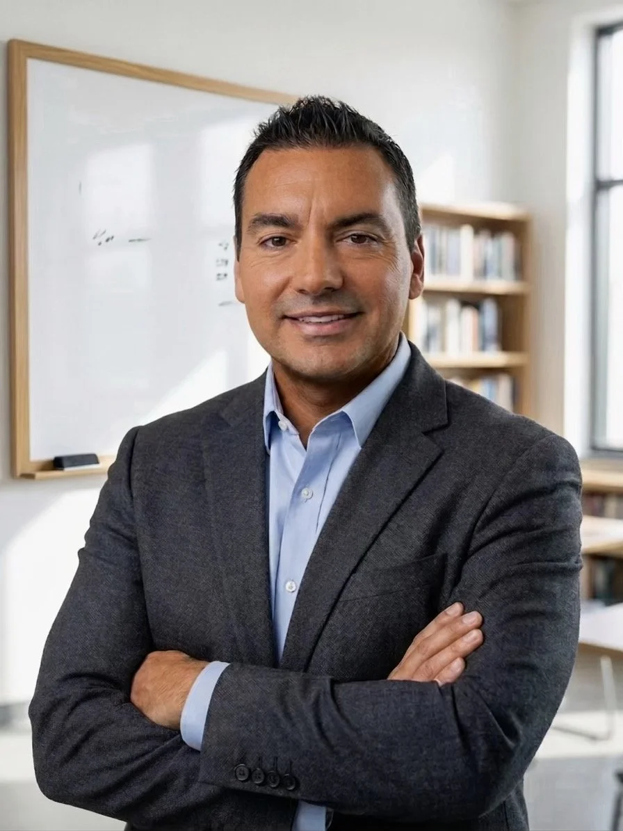A confident man in a suit with crossed arms in an office setting, with a whiteboard and bookshelves in the background.