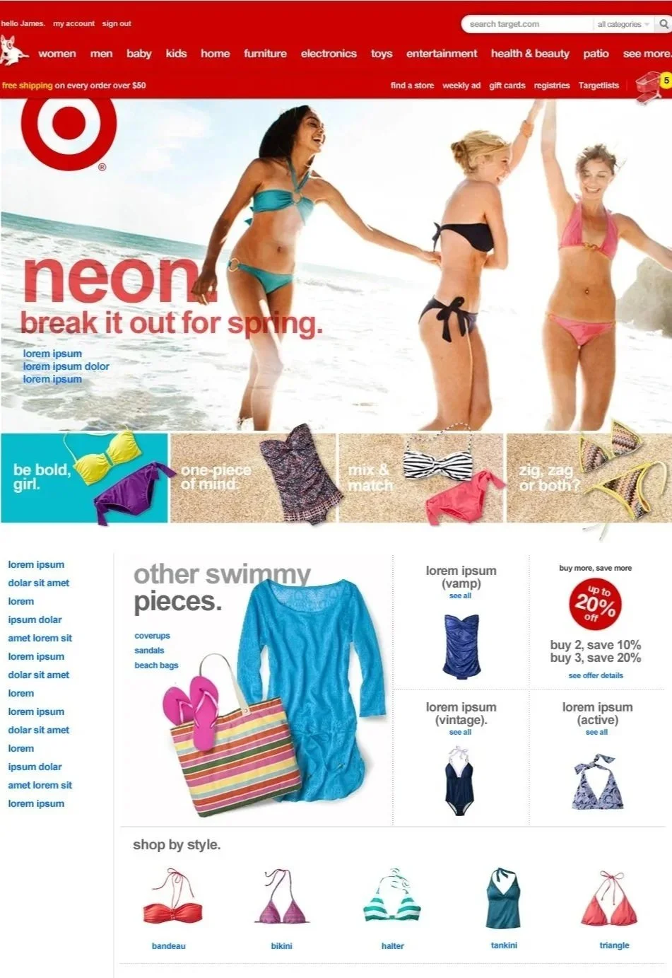 Target online shopping website homepage featuring swimwear for women, including bikinis, swim dresses, and accessories, with promotional offers and categories for men and kids.