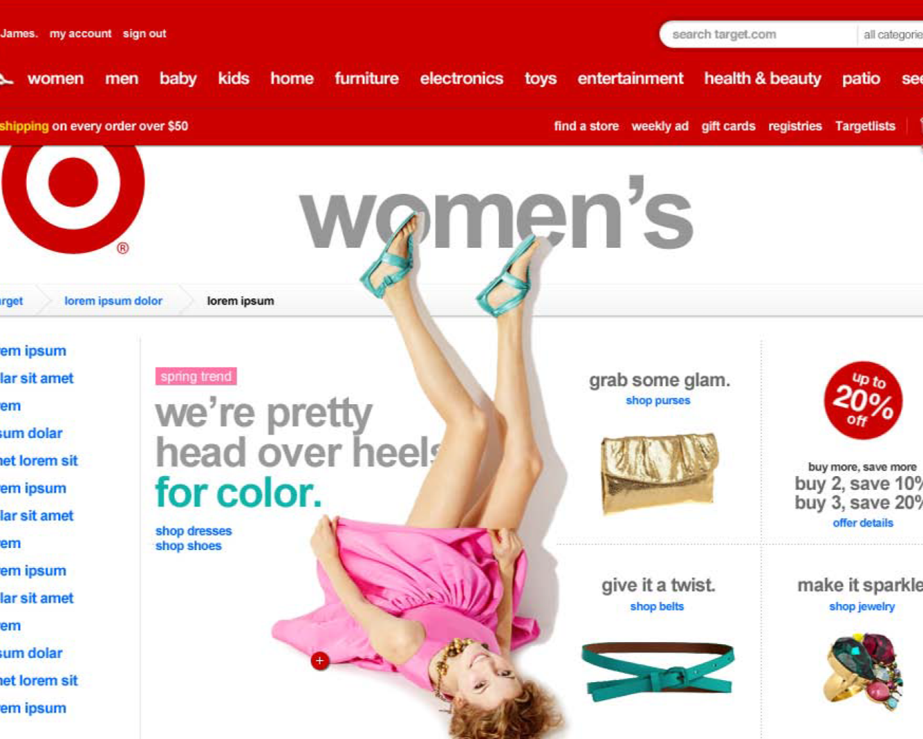 Target's women's clothing and accessories webpage featuring a model in pink dress and teal high heels, with promotional discounts on accessories and jewelry.