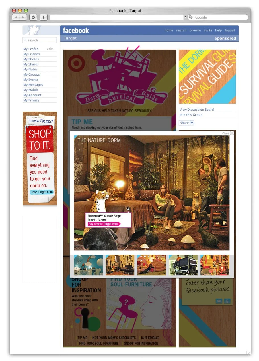 Facebook page showing a dorm room decor photo with furniture and animal plush toys, overlaid with shopping and furniture guide ads.