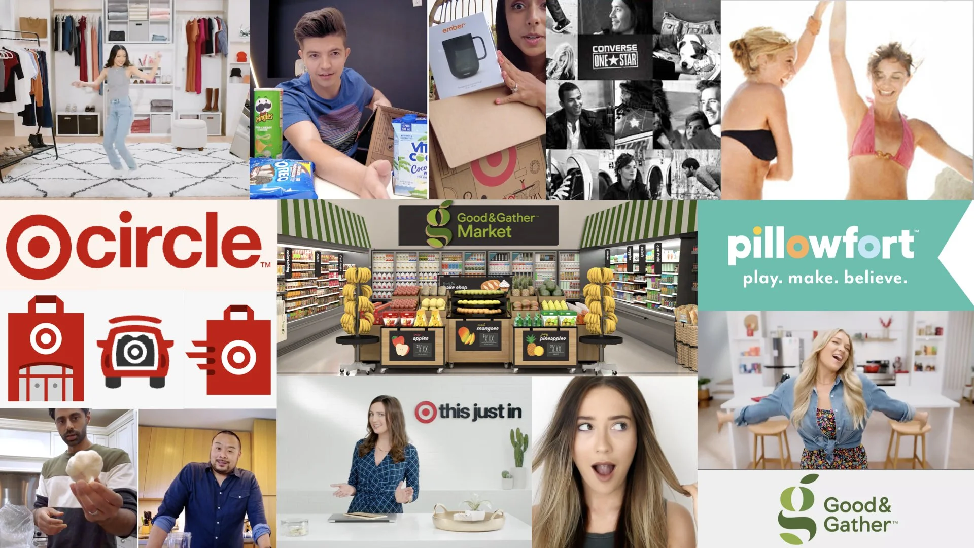 Collage of images showcasing Ryan Brown's work as a creative director, including video series, fashion photography, and logos for Target, Drive Up, Pillowfort, and Good & Gather Market.