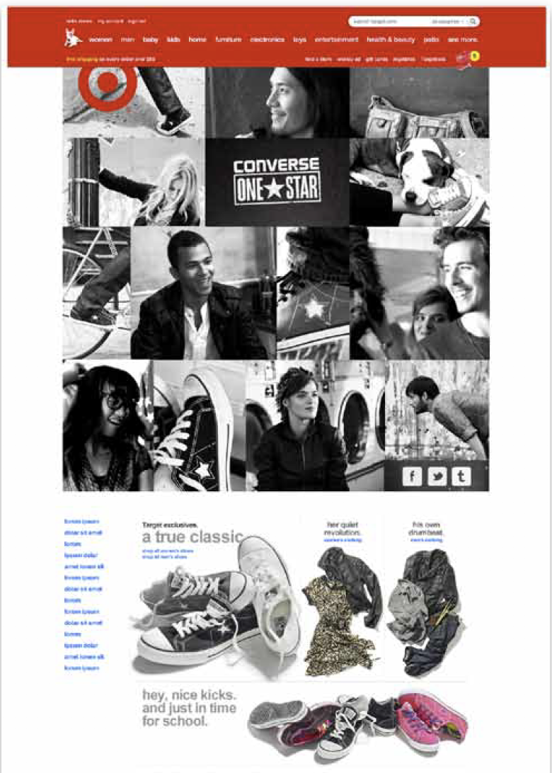 A collage of black and white photos of diverse young people skateboarding, smiling, and engaging in outdoor activities. An advertisement for Converse One Star shoes features colorful sneakers at the bottom, with text promoting classic shoes and school readiness.