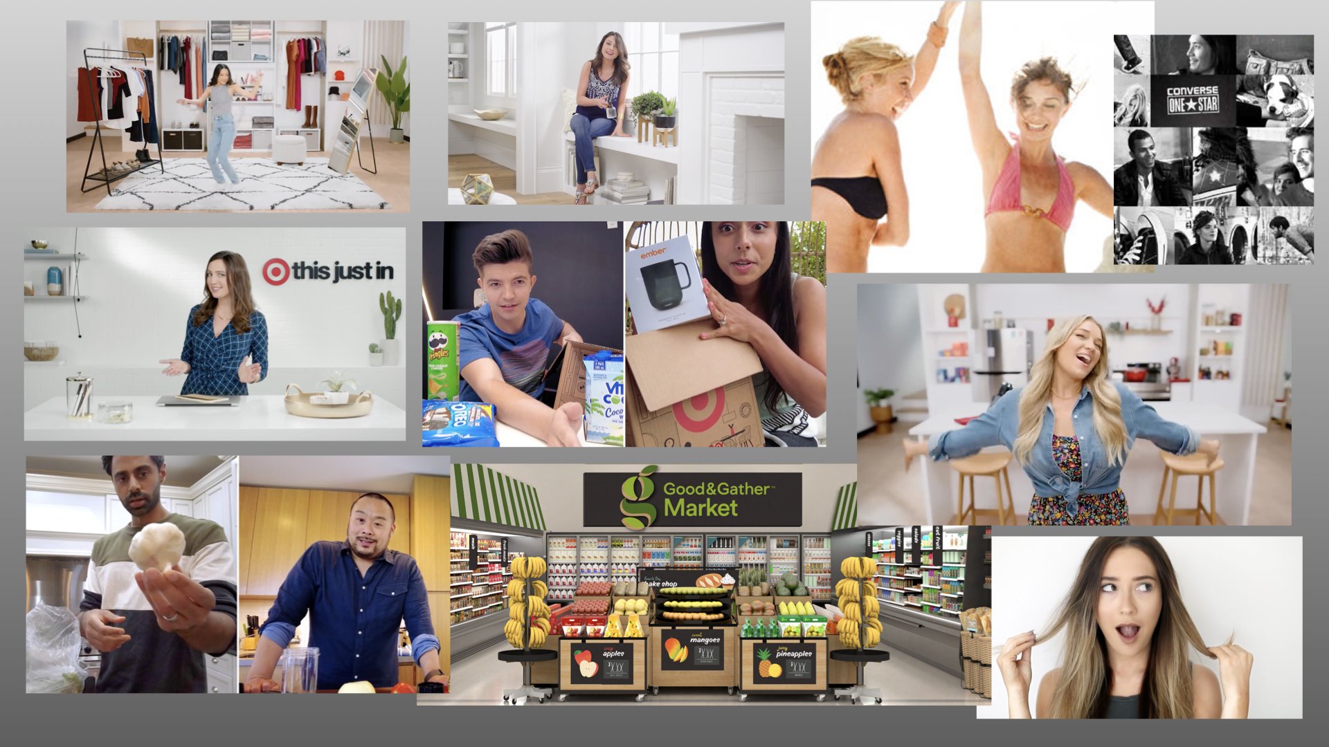 A collage of people shopping, working, and socializing in various indoor settings, including a clothing store, food market, grocery store, and a home kitchen.
