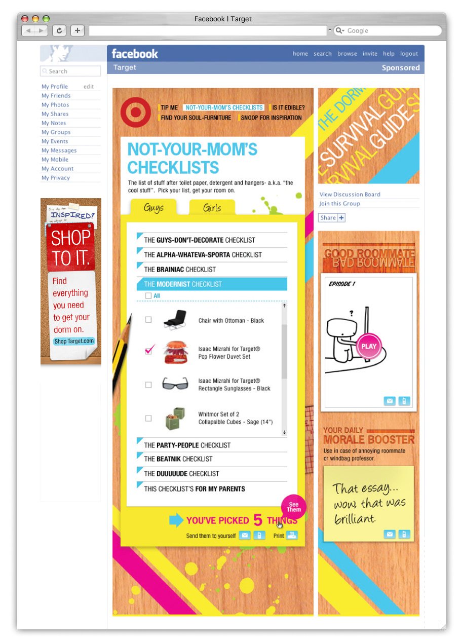 Screenshot of a Facebook page displaying a Target-themed checklist titled 'Not-Your-Mom's Checklists' with categories for guys and girls, listing various shopping checkboxes, alongside advertisements and social features.