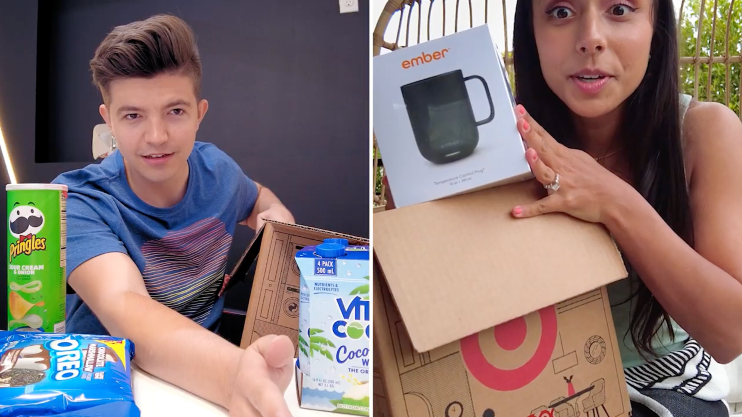 Split-screen image showing two women with different boxes and snacks. The left side features a young man with brown hair, reaching out with a partially opened box, in front of snack items including Pringles sour cream and onion chips and Oreo cookies. The right side shows a woman with dark hair, holding a white box with a black mug illustration labeled 'ember' and a cardboard box with a red logo, outside near green foliage.