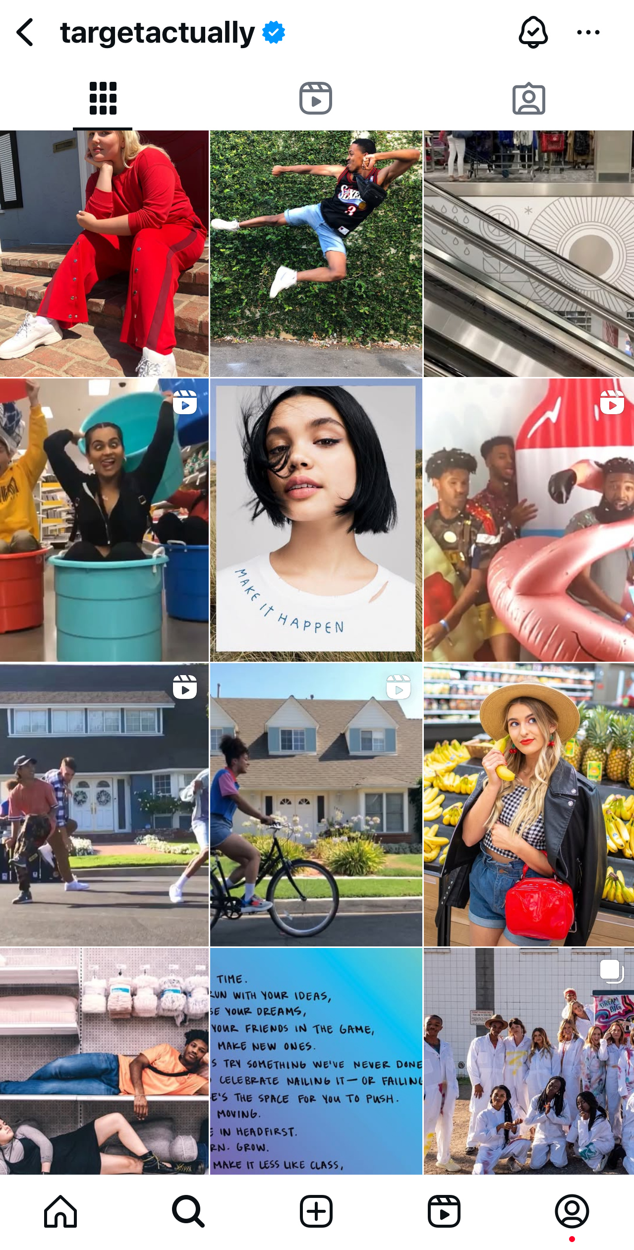 Grid of multiple images including a woman in red sitting outdoors, a boy jumping in front of a green hedge, a few women dancing in a store aisle, a portrait of a woman with black hair and a quote, women playing with a giant inflatable, people running in a suburban neighborhood, a woman cycling in front of a house, a woman in a store with bananas, a bedroom shelf with towels, and a group of women dressed in white outside.