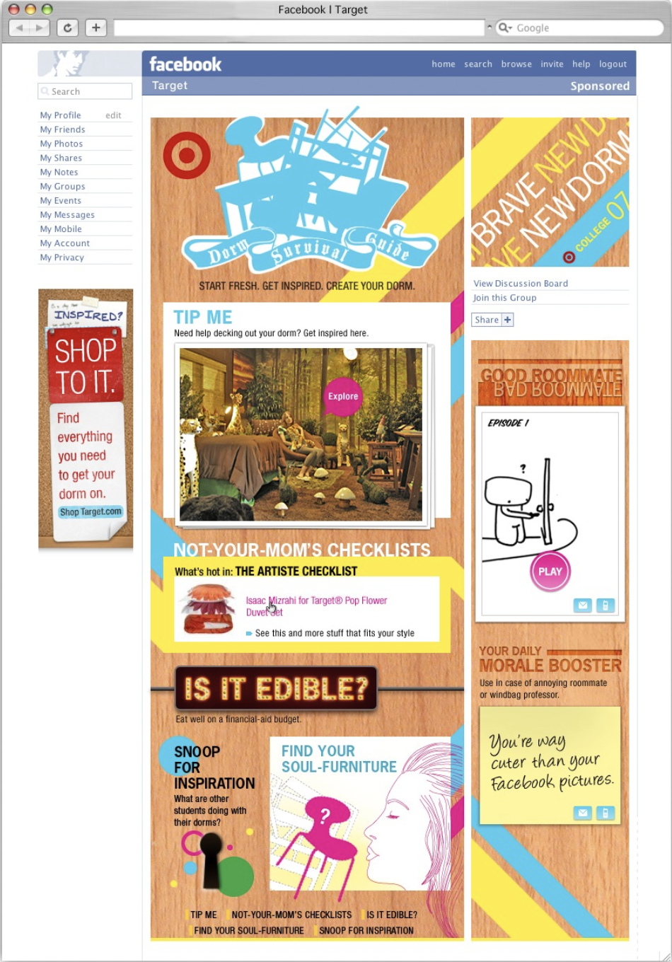 Screenshot of a Facebook webpage with a dorm room guide and tips for decorating a dorm, including a checklist, inspiration section, and various advertisements and icons.