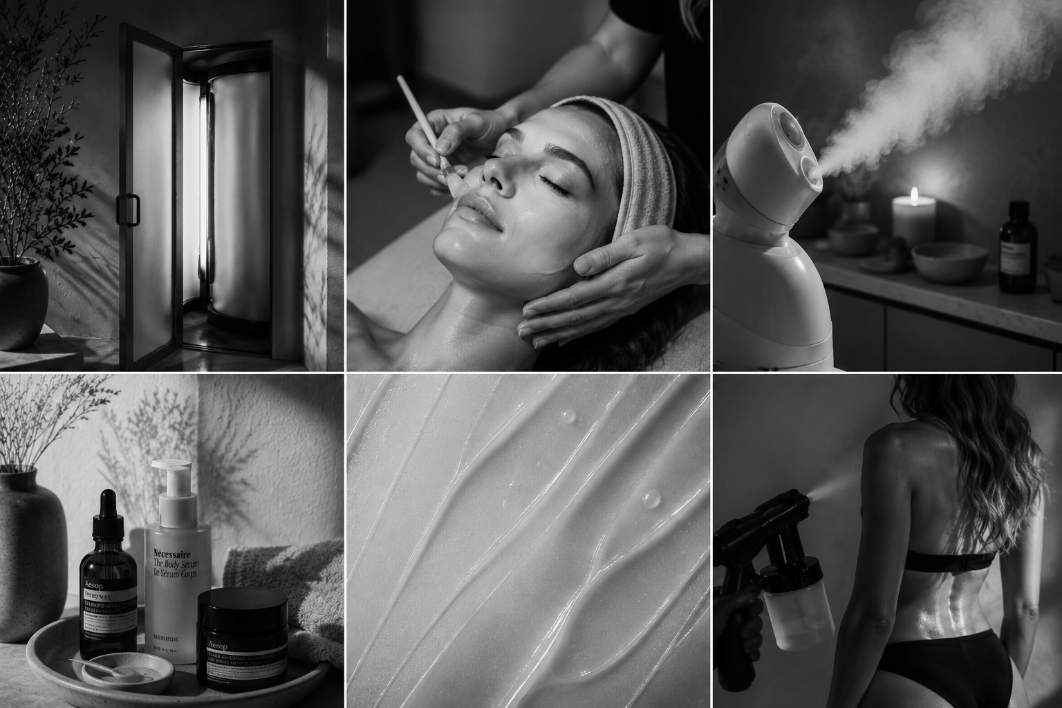 Collage of black and white images showing skincare and wellness routines. Top row: steam room, facial treatment, facial steamer. Bottom row: skincare products on a tray, close-up of water droplets on a surface, woman with wet hair and towel on shoulder in a dimly lit room.