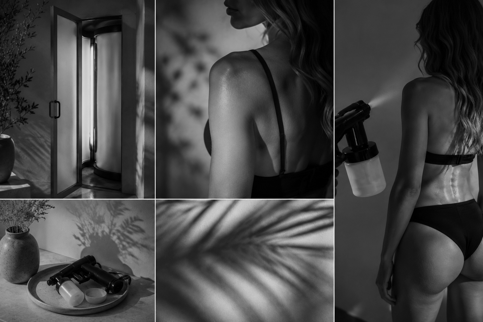 A collage of black and white photos: a woman in sportswear holding a spray bottle, a closet with a curved shower stall, a tray with a spray bottle, a cup, and a vase with plants, shadows of leaves on a wall.