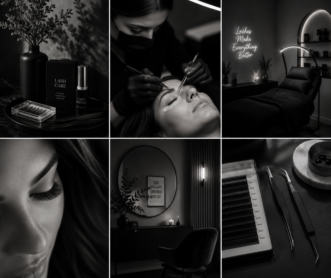 A collage of six black and white photos depicting a beauty salon. The images include eyelash extension tools, a woman receiving eyelash extensions, a cozy treatment room with a neon sign that says 'Lashes Make Everything Better,' a close-up of a woman's face focusing on her eyelashes, a modern reception area with a mirror and decor, and a tray of eyelash extensions with tools.