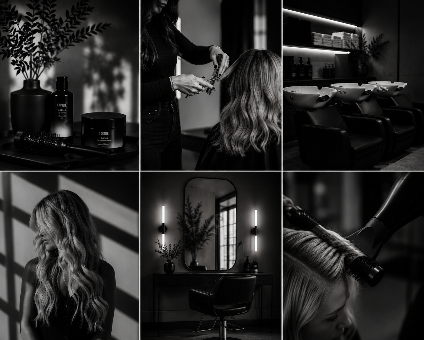 Black and white collage of a hair salon with a woman getting her hair styled, hair products, salon chairs, a mirror with lighting, and a stylist drying a woman's hair.