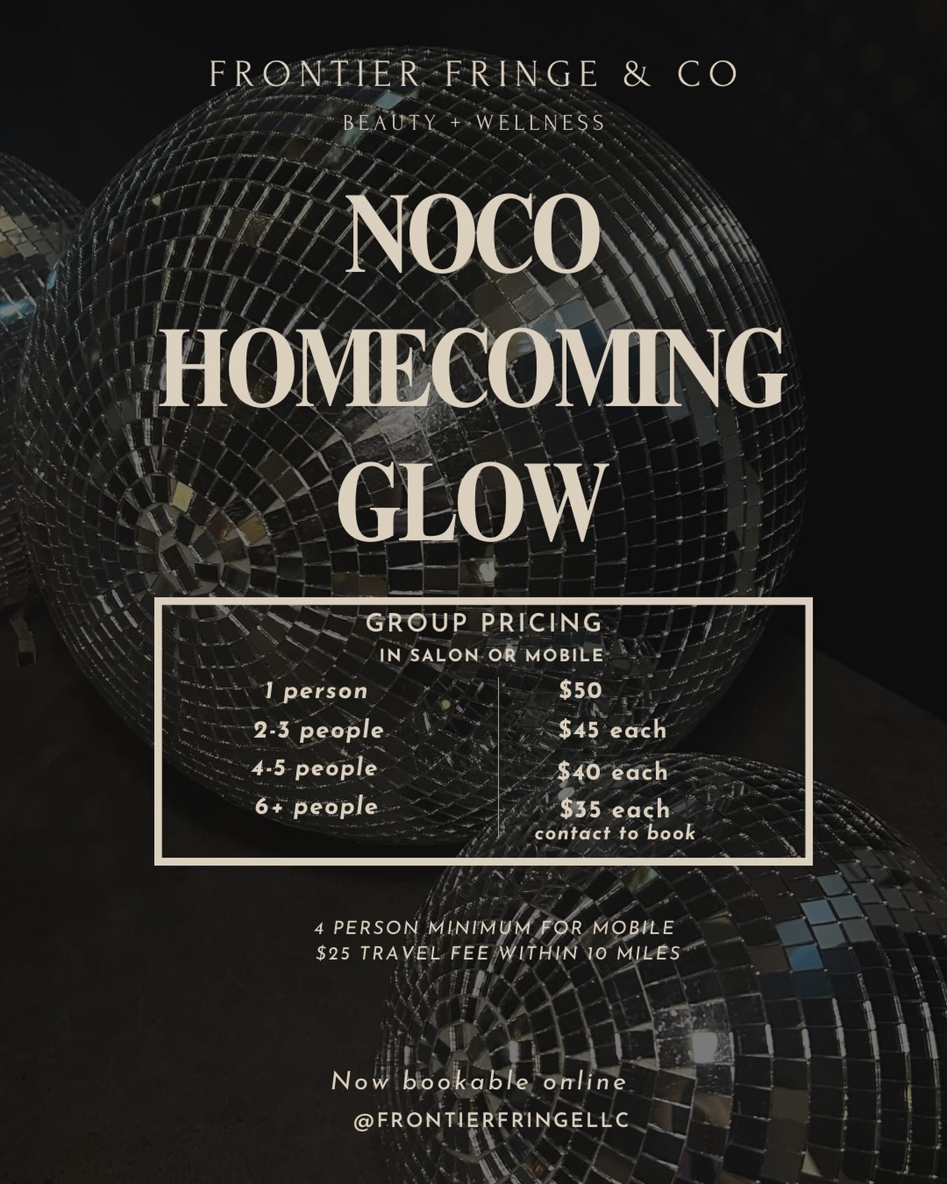 NOCO HOMECOMING GLOW 🪩✨

Homecoming is almost here, and we&rsquo;re making getting ready with your girls even better. 🤎

Grab your group &amp; glow together with discounted spray tans &mdash; the bigger the group, the better the price!

✨ In-salon 
