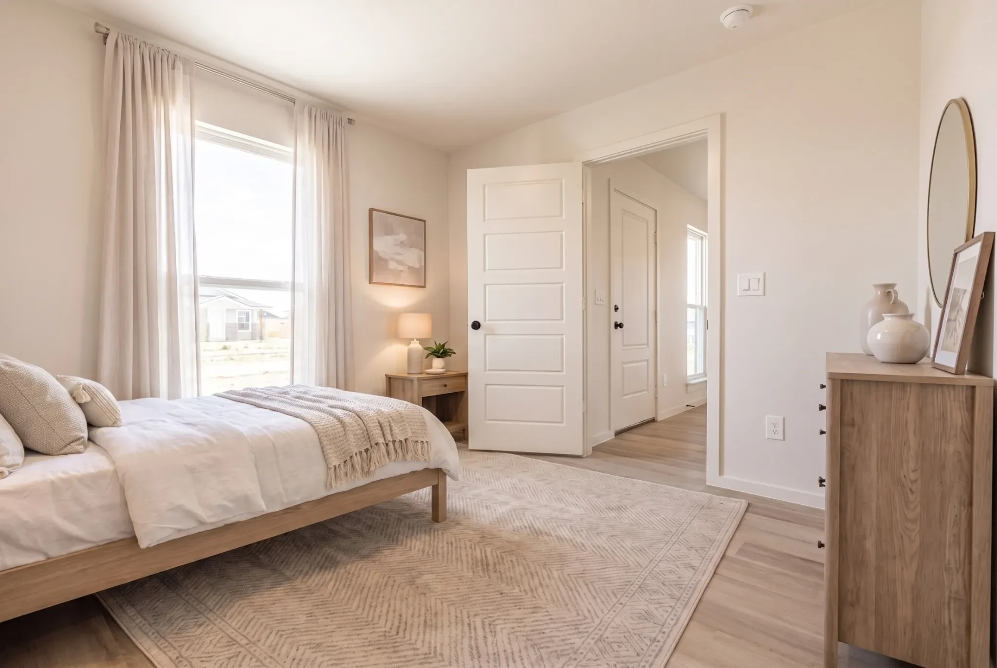 Bright Betenbough bedroom with neutral walls, carpet and natural light.