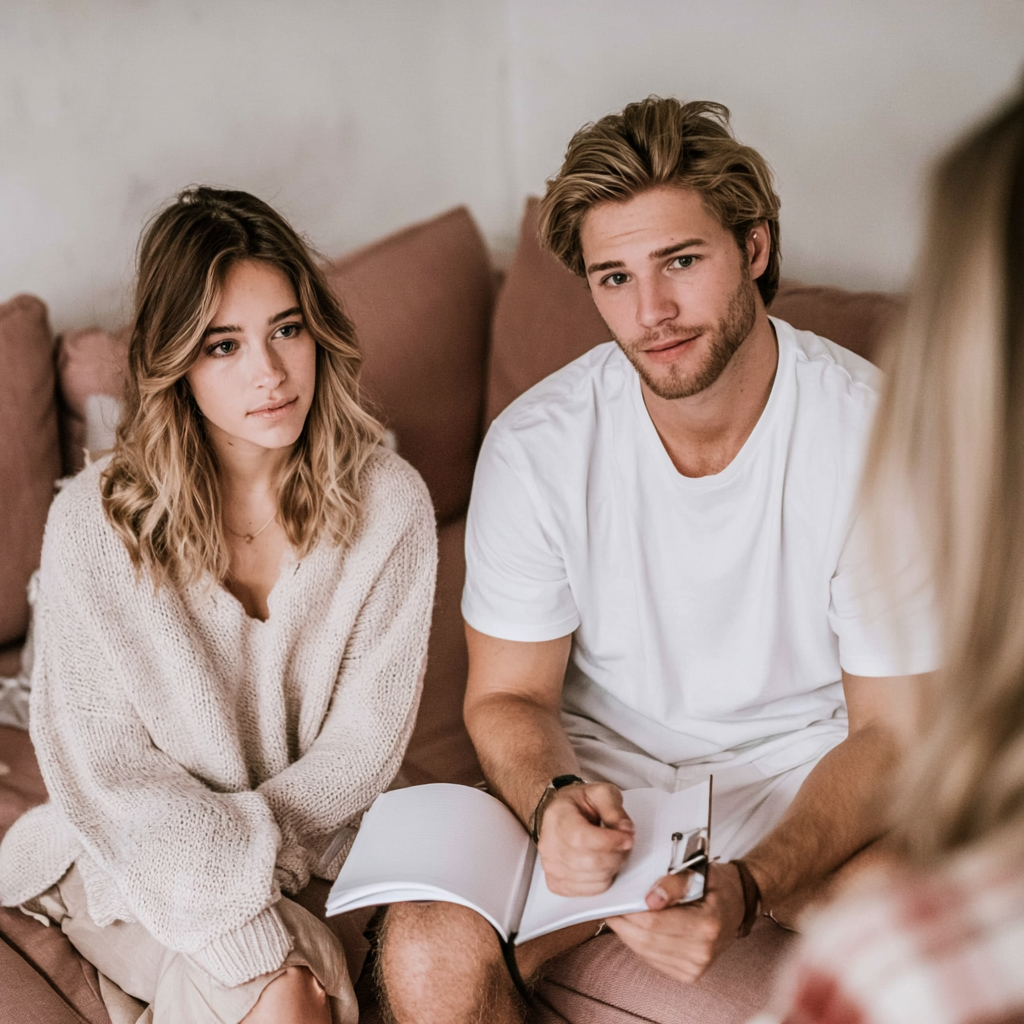 Three young adults, two women and a man, sitting on a couch during a conversation with a third person out of frame, a notebook in the man's hand.