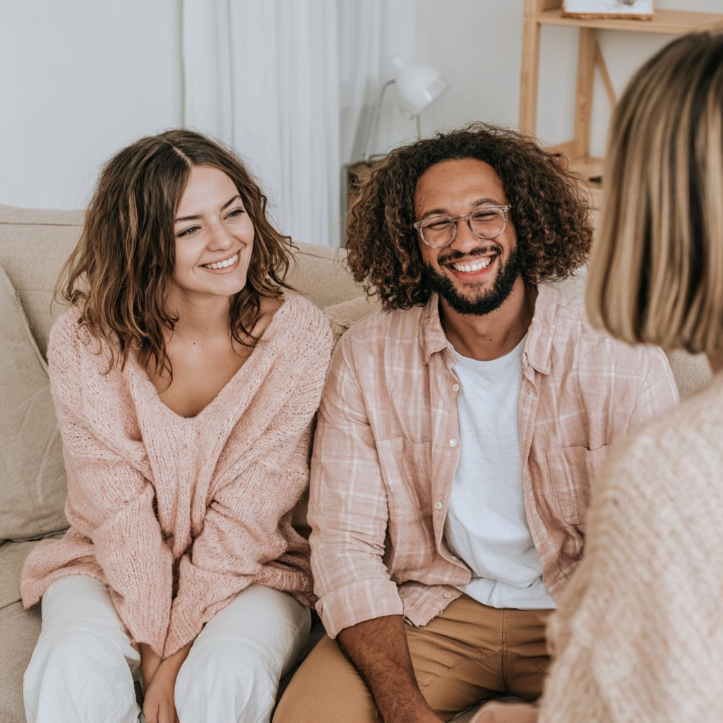 man and woman sit in a counseling office for marriage counseling