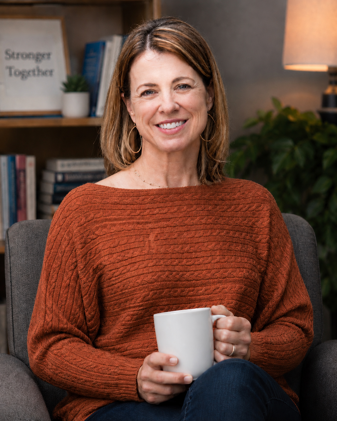A woman with shoulder-length brown hair, wearing an orange sweater, sitting on a gray armchair inside a cozy room with bookshelves, holding a white mug and smiling.