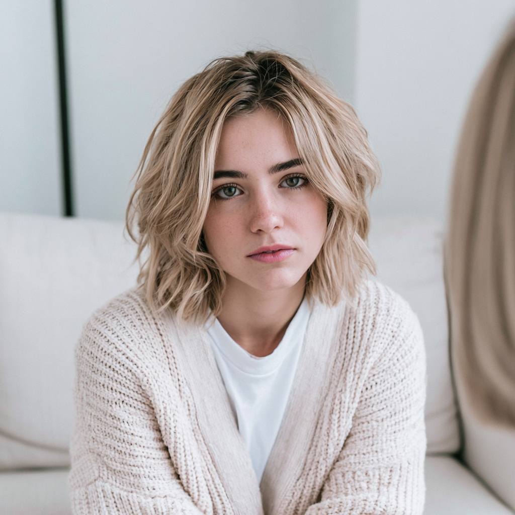 A young woman with blonde, wavy hair and blue eyes looking directly at the camera, sitting on a white sofa with a neutral expression.