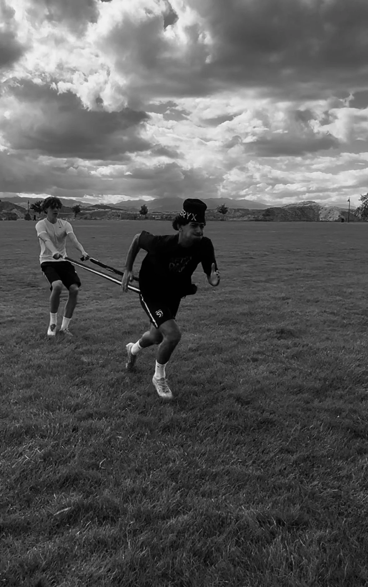Two young boys playing tug-of-war with a stick on a grassy field under cloudy skies, with mountains and trees in the distance.
