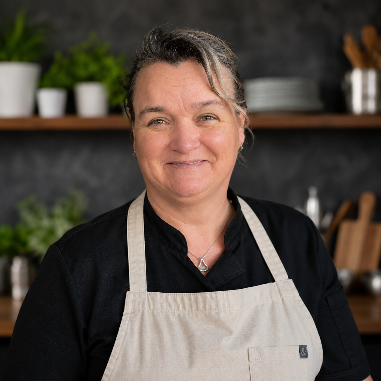 A middle-aged woman with short, gray and brown hair smiling in a kitchen. She is wearing a black top, a beige apron, a necklace, and earrings.