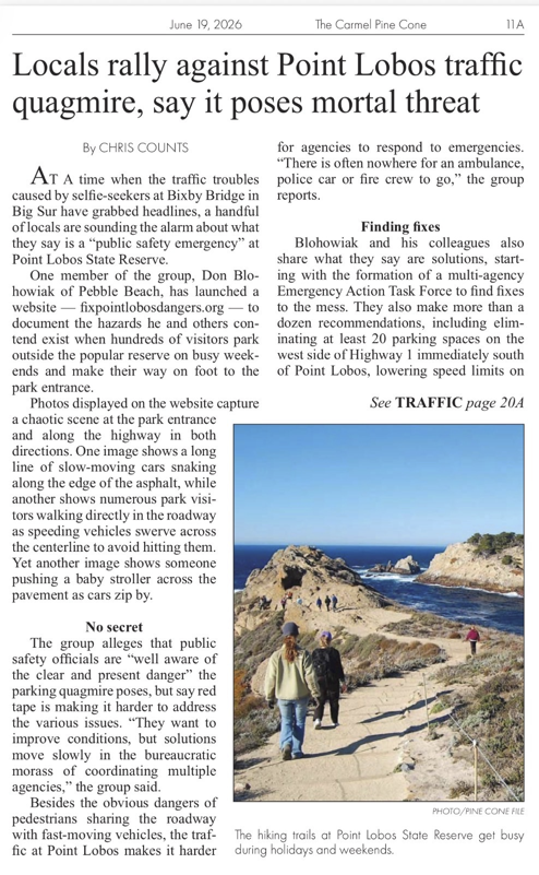 A clip of a news article appearing in the Carmel Pine Cone, June 19 - 25, 2026
