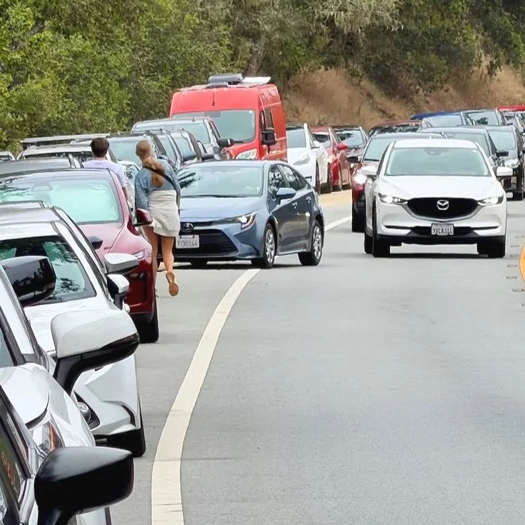 Even pedestrians on the widest part of the highway shoulder must dodge cars trying to snag a parking spot.