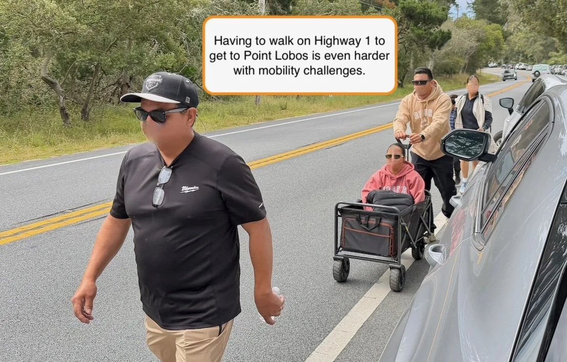 A family with a mobility-challenged member must walk in the path of active traffic on Highway 1.