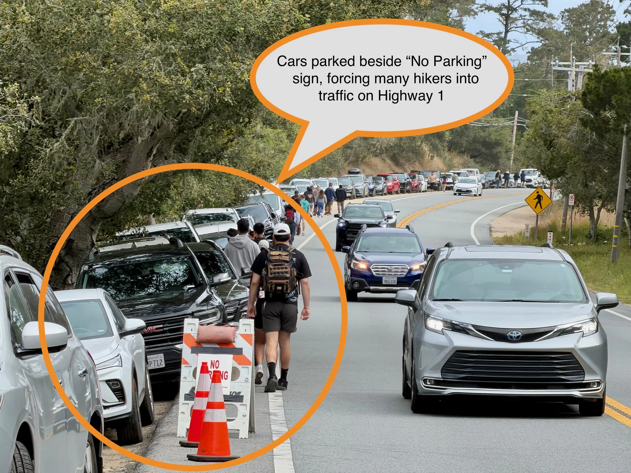 Cars parked beside No Parking sign force hikers to walk onto the active roadway of Highway 1.