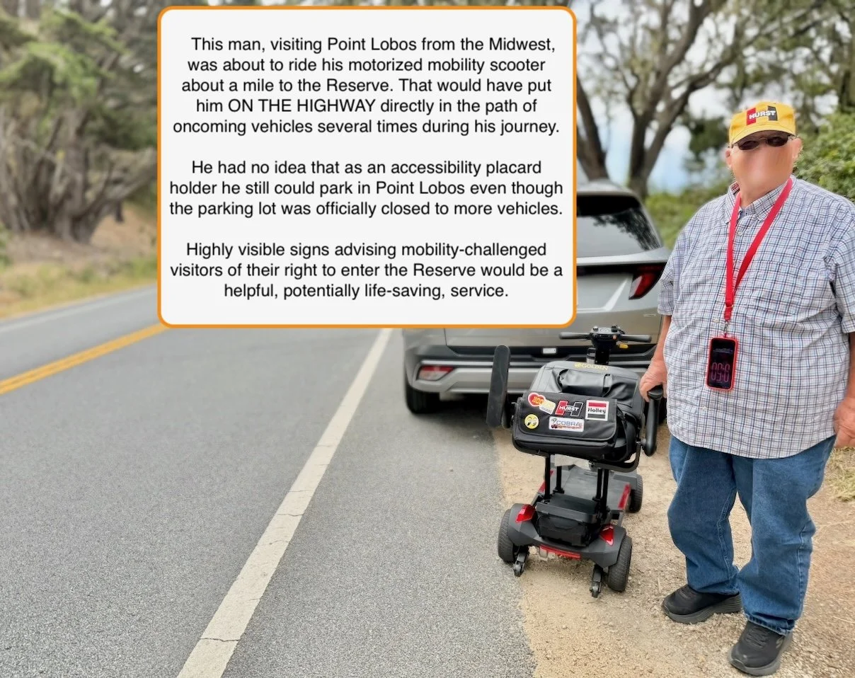 A visitor to Point Lobos with mobility challenges prepares to navigate oncoming traffic riding his mobility scooter on busy Highway 1 to reach Point Lobos State Natural Reserve