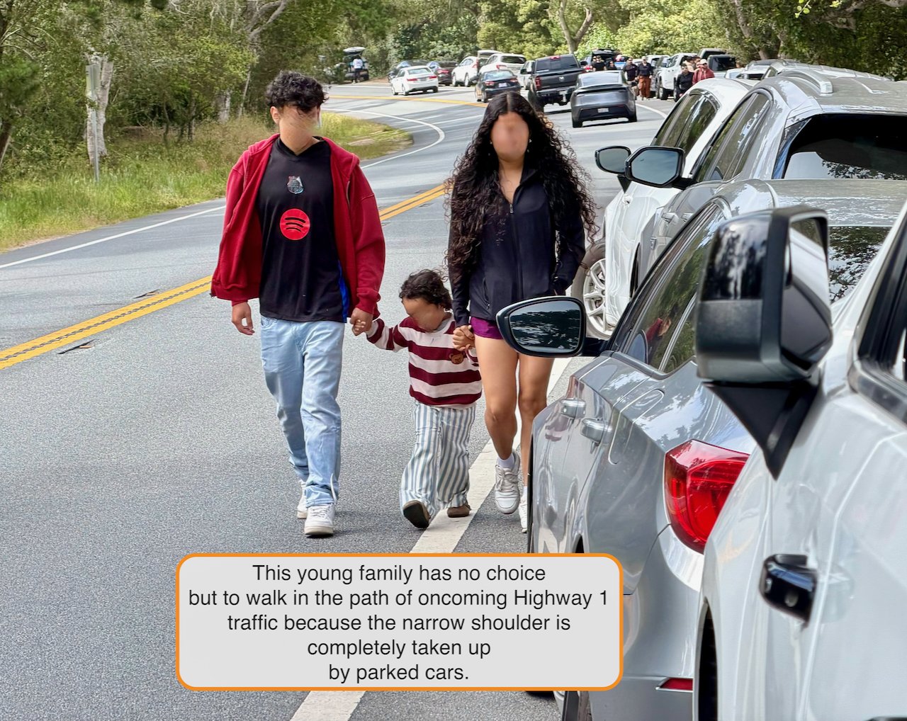 A family with a young child is forced onto Highway 1 to walk a mile to Point Lobos.