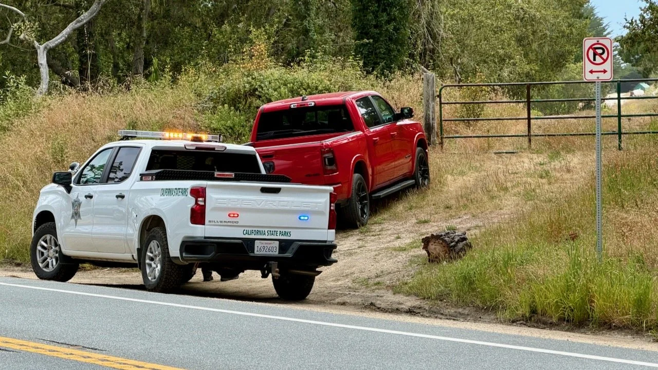 A State Parks peace officer citing an illegally parked vehicle along Highway 1.
