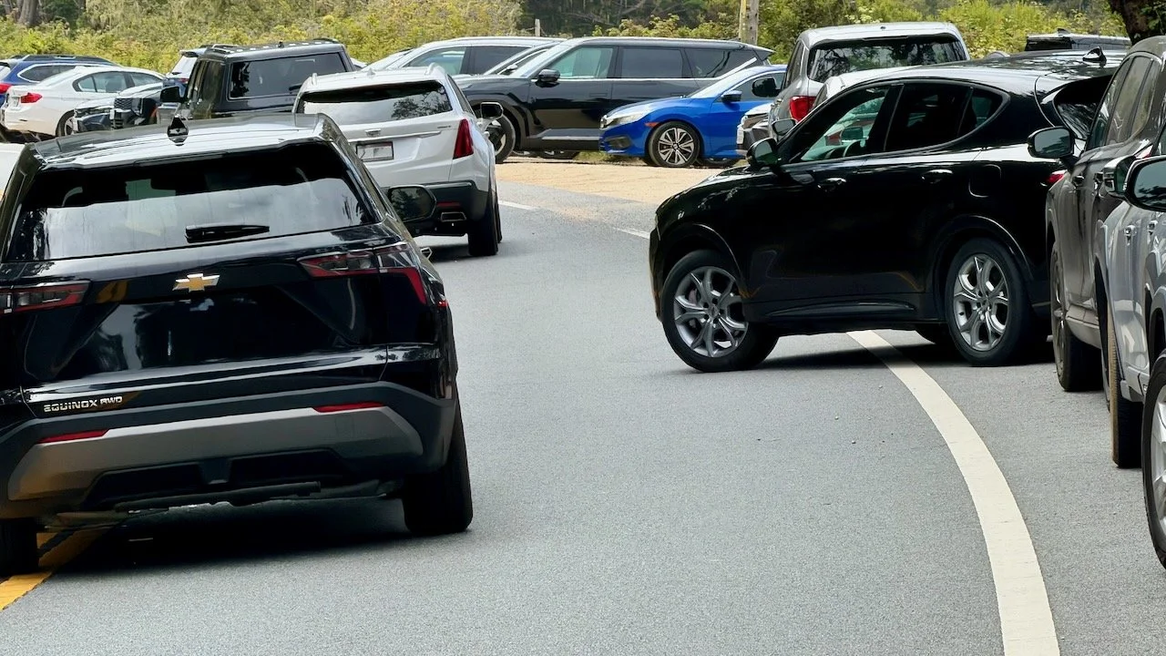 Multiple cars parked along the shoulder of Highway 1; some cars, including a black SUV, are blocking the narrow highway.