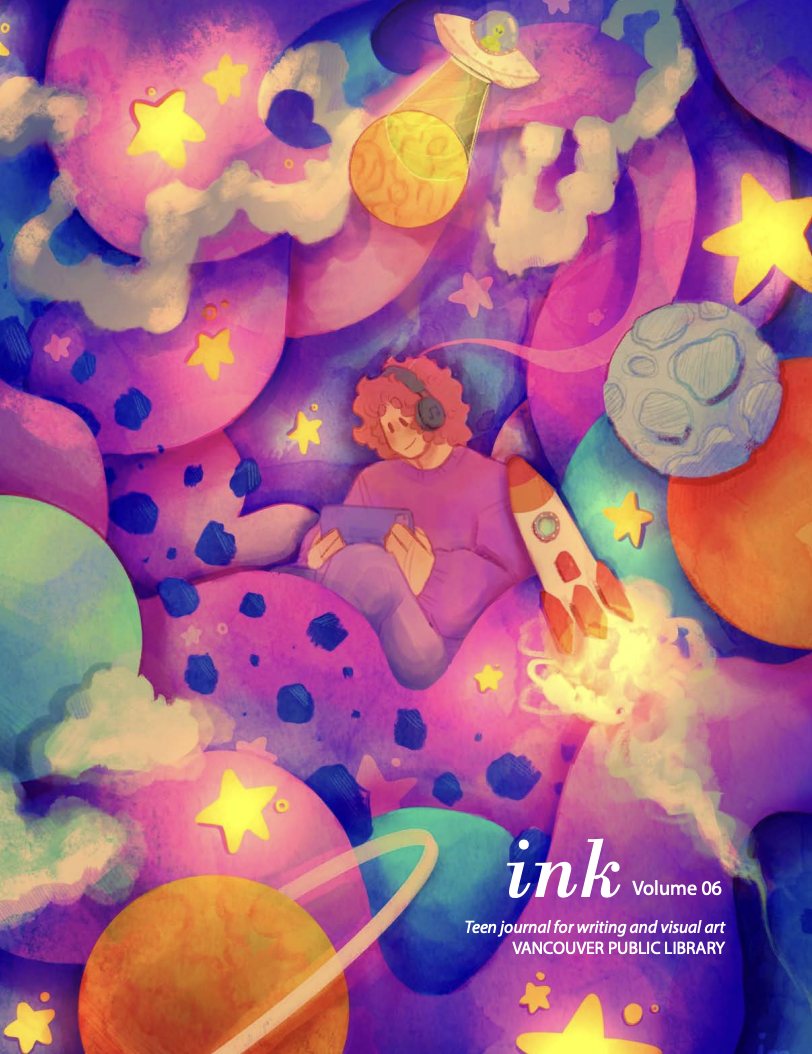 An animated space scene with colorful planets, stars, clouds, a rocket, a spaceship, an astronaut, a person with curly hair wearing headphones, and a UFO, creating a dreamy, playful atmosphere.