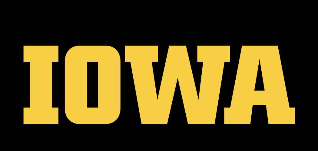 Bold yellow text spelling 'IOWA' on a black background.