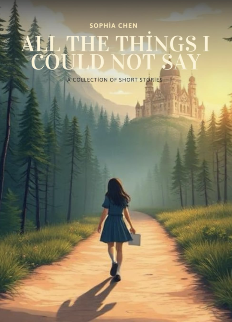 Book cover for "All the Things I Could Not Say" by Sophia Chen featuring a girl walking on a path through a forest toward a castle in the distance during sunset.