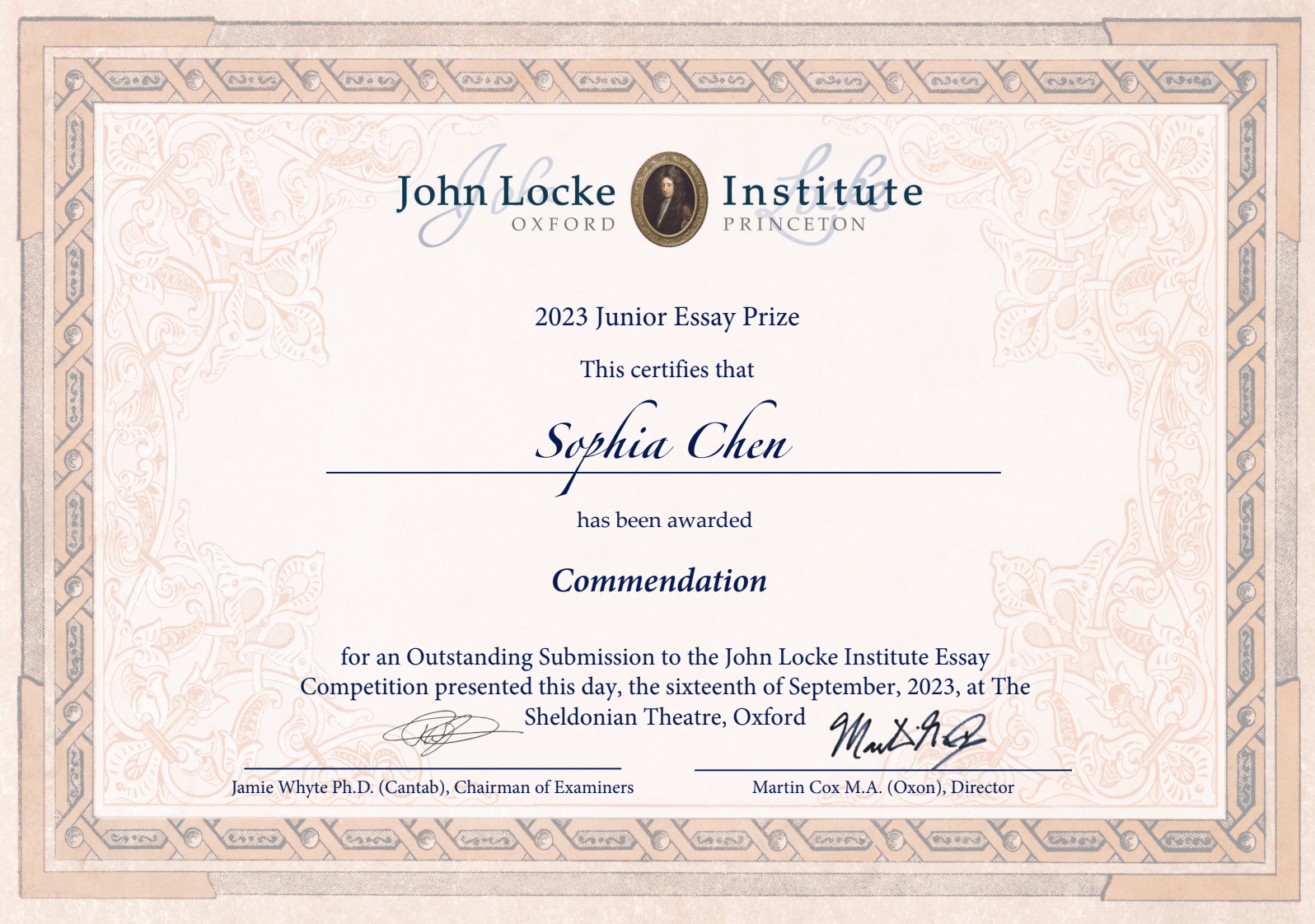 Certificate from the John Locke Institute at Oxford and Princeton recognizing Sophia Chen for an outstanding essay submission in 2023, presented at The Sheldonian Theatre, Oxford.