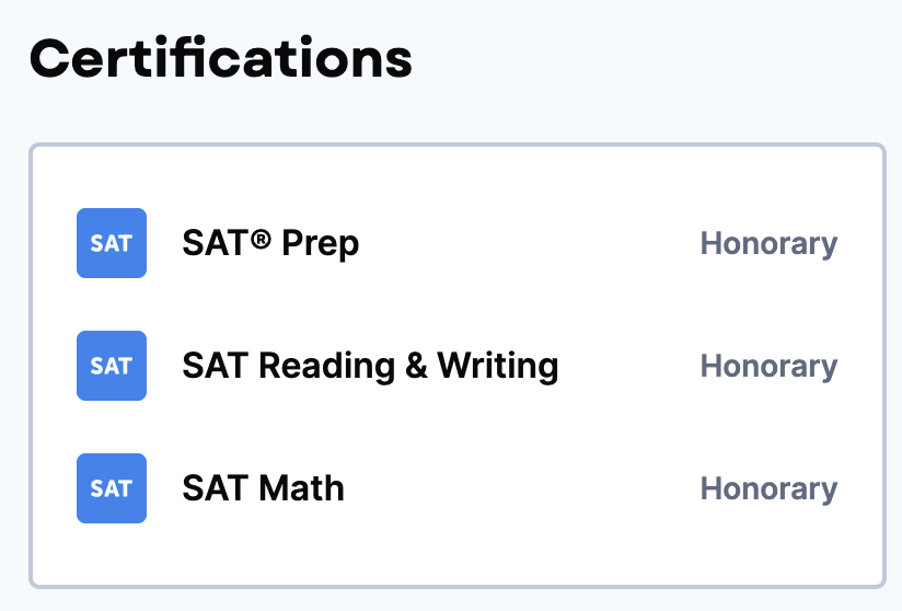 List of SAT certification courses including SAT Prep, SAT Reading & Writing, and SAT Math, each labeled as 'Honary'.