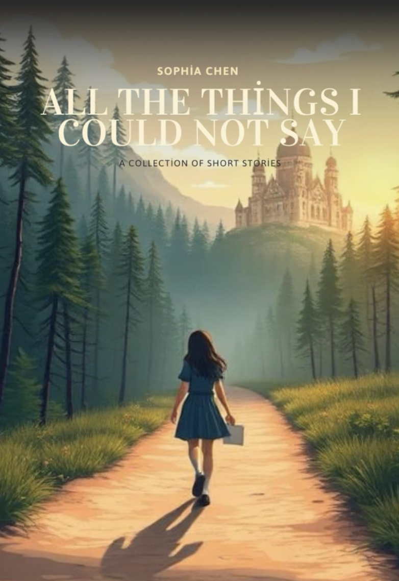 Book cover for 'All the Things I Could Not Say' by Sophia Chen. Illustrated scene of a girl in a blue dress walking on a dirt path through a forest with tall pine trees, heading towards a distant castle on a hill at sunset.