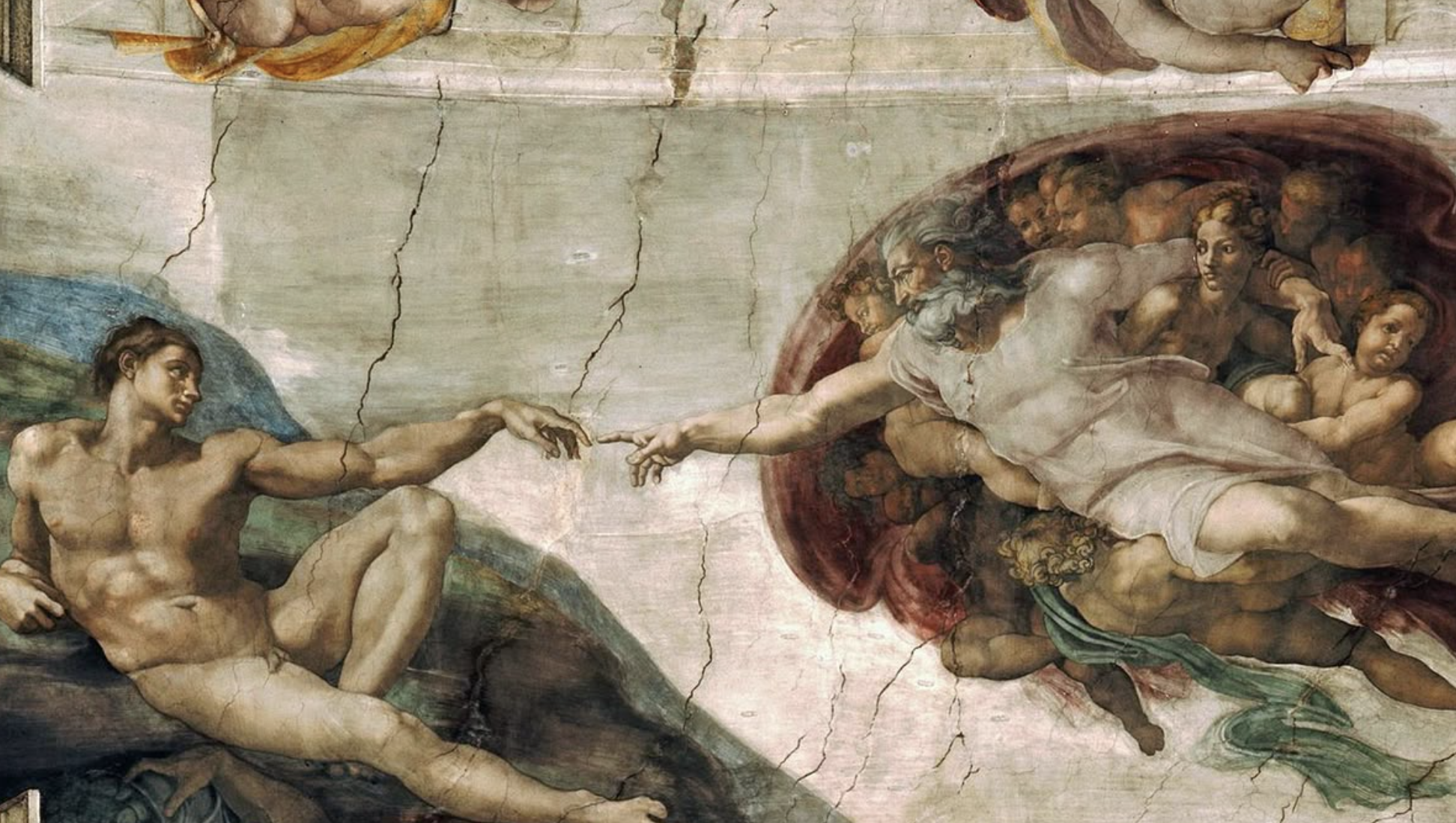 The painting depicts the biblical scene of God creating Adam, illustrating the moment they touch fingers, symbolizing life given to man.