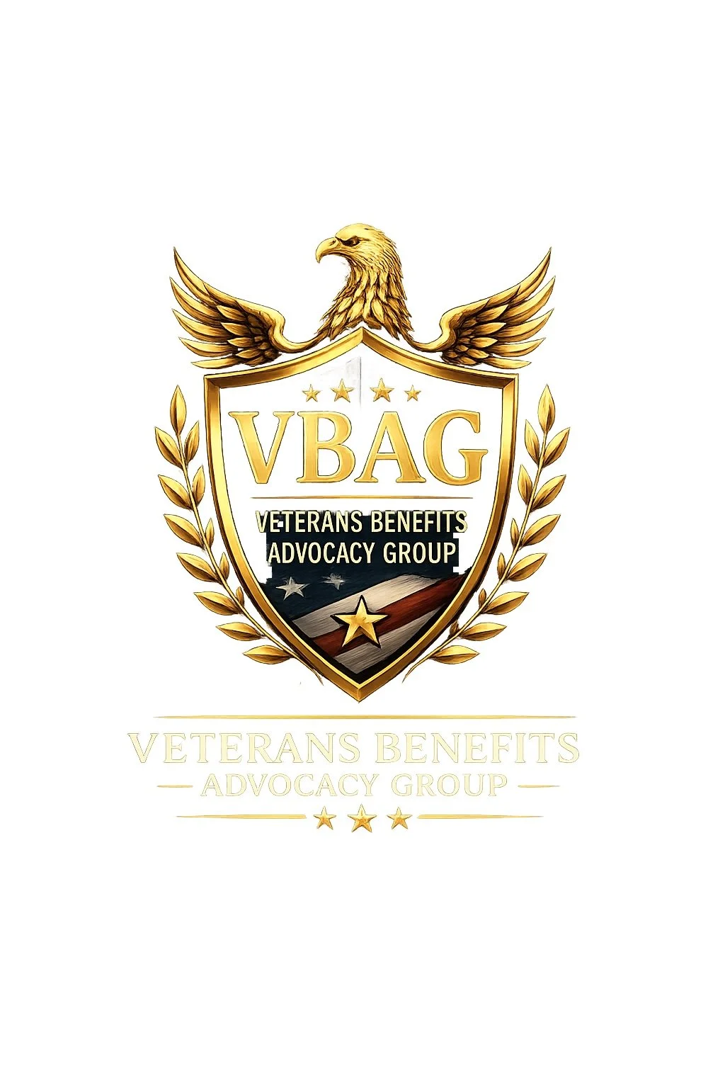 A gold and black emblem featuring an eagle with outstretched wings above a shield. The shield displays the acronym "VBAG," with the words "Veterans Benefits Advocacy Group" underneath. The shield is decorated with stars and a stylized American flag stripe. Below the emblem, the text reads "Veterans Benefits Advocacy Group" in light gold.