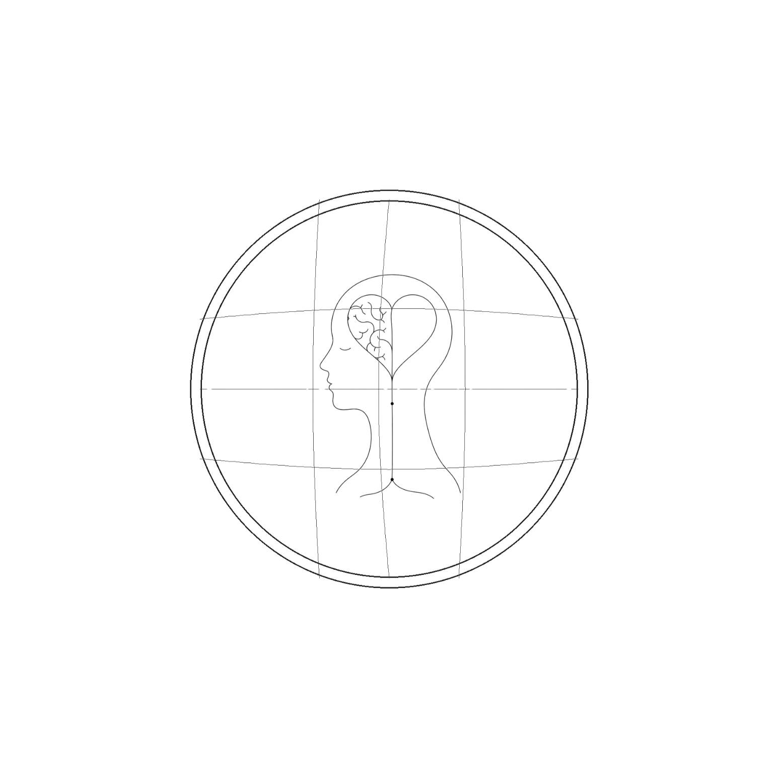 A black and white scientific diagram illustrating a human head in profile, with an outer circle and various geometric lines, dots, and a brain outline inside the head. The diagram appears to be related to anatomy or neuroscience.