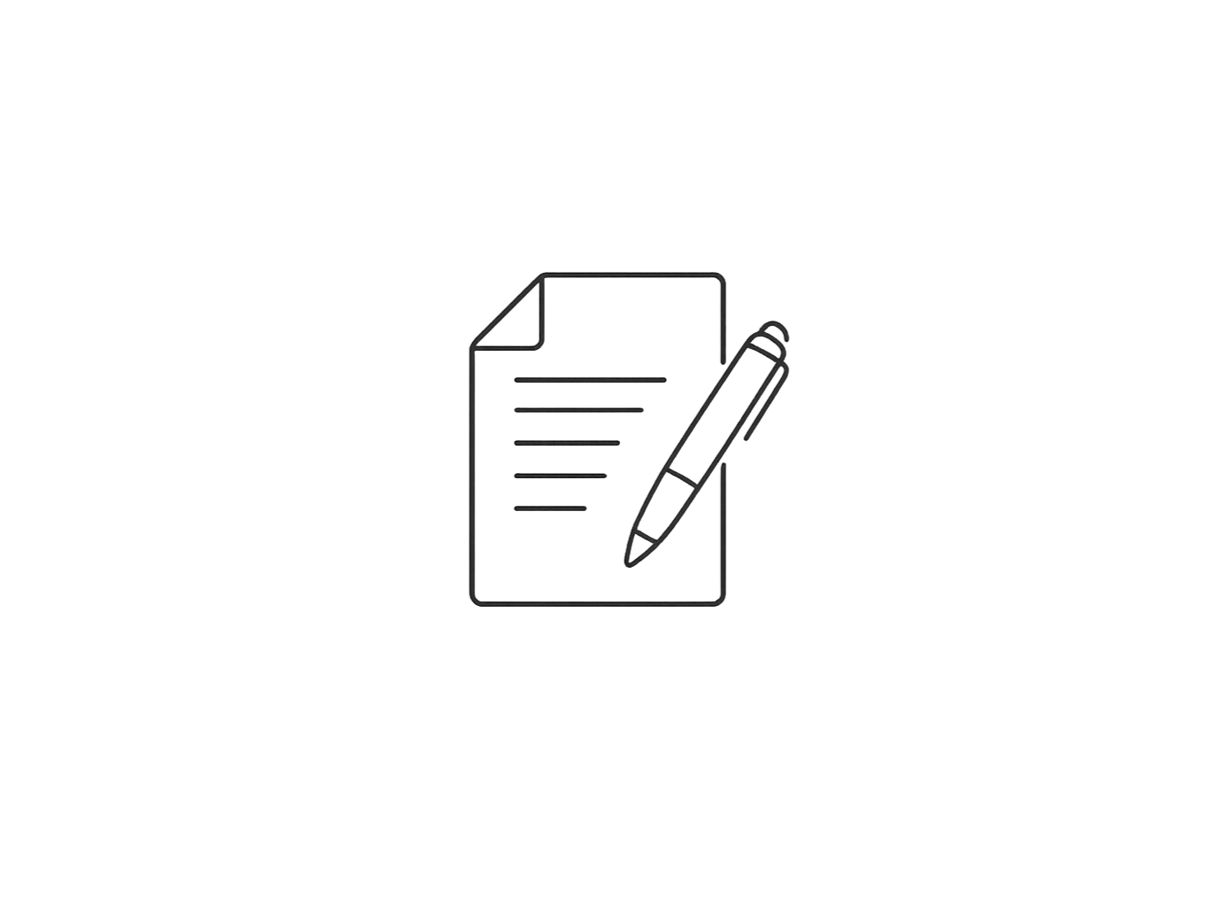 Line drawing of a sheet of paper with writing and a pen.