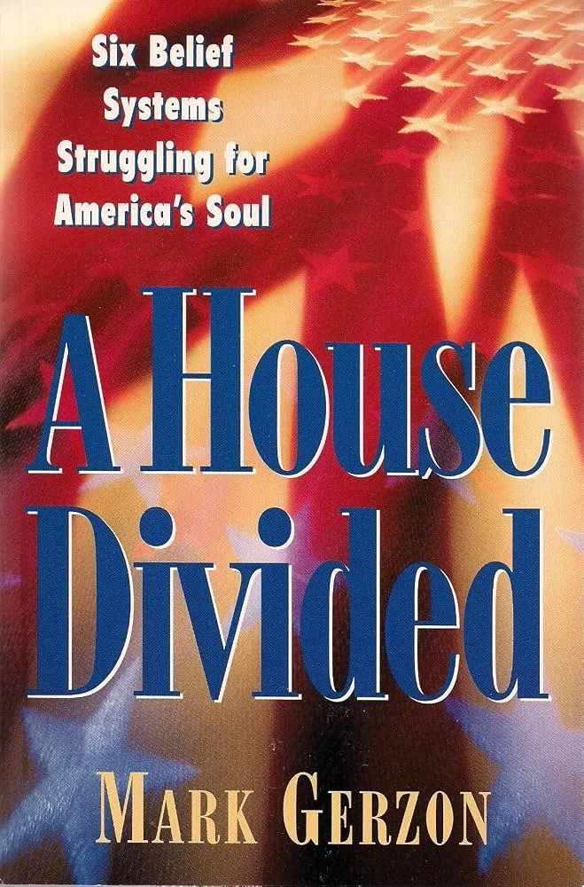Cover of a book titled 'A House Divided' by Mark Gerzon, featuring an American flag with a torn or divided appearance and a background of flying birds.