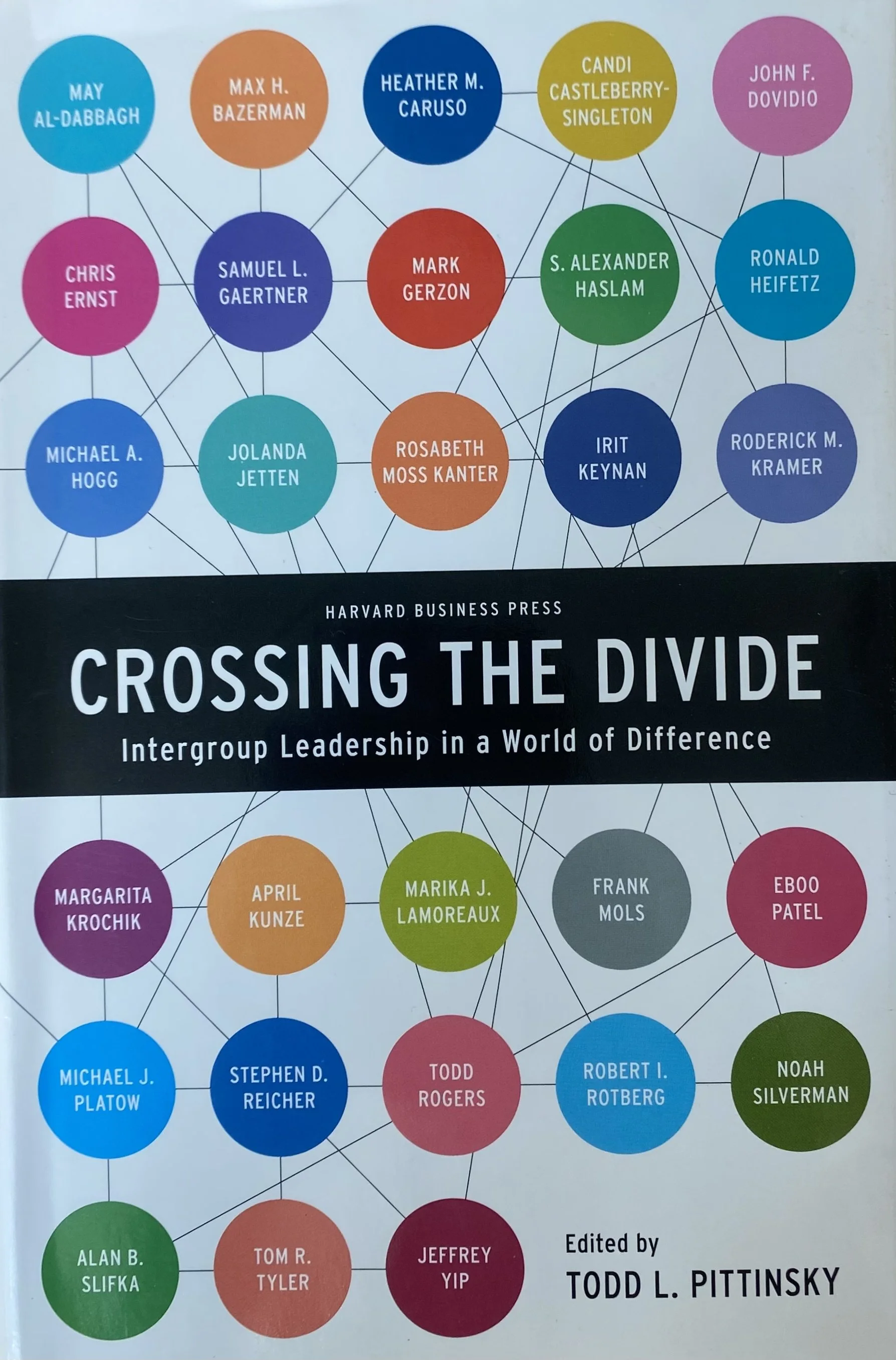 A colorful network diagram of interconnected circles with names of individuals, representing a flow of relationships or leadership. The diagram is titled 'Crossing the Divide: Intergroup Leadership in a World of Difference,' edited by Todd L. Pittinsky, and published by Harvard Business Press.